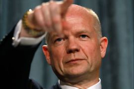 f_British Foreign Secretary, William Hague, gestures as he delivers his first foreign policy speech at the Foreign and Commonwealth Office in London onJuly 1, 2010