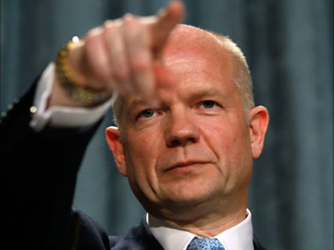 f_British Foreign Secretary, William Hague, gestures as he delivers his first foreign policy speech at the Foreign and Commonwealth Office in London onJuly 1, 2010