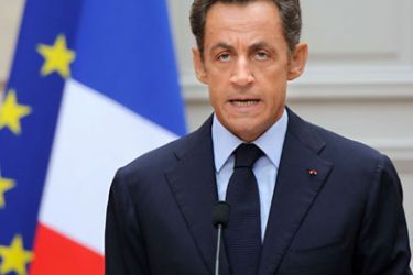 French President Nicolas Sarkozy speaks to the presse at the Elysee Palace, on July 26, 2010 in Paris, after a security and defence council meeting following the death announced by Al Qaeda of the French hostage Michel Germaneau
