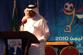 epa02296660 Asian Football Confederation president Mohamed bin Hammam delivers a speech prior the official draw of the 20th Gulf Cup football championship in the Yemeni southern city of Aden, on 22 August 2010. As scheduled, the 20th Gulf Cup football championship will be held from November 22 to December 4, 2010 in the two Yemeni southern provinces of Aden and Abyan. EPA/STRINGER
