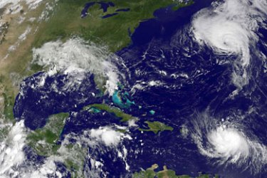 This August 29, 2010 NOAA (National Oceanic and Atmospheric Administration satellite image shows Hurricane Danielle(Top-R) and Hurricane Earl(Bottom-R) churning in the Atlantic Ocean. Hurricane Earl churned toward the south-eastern Caribbean Sunday after reaching Category One status, as Hurricane Danielle headed for the cold waters of the north Atlantic