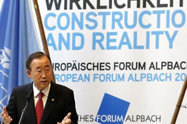 epa02316131 UN Secretary General Ban Ki Moon during his speech at the European Forum Alpbach, in Alpbach, Austria, 04 September 2010. Every year since 1945, the 'European Forum Alpbach' has been held in the Tyrolian mountain village of Alpbach. Speakers and participants from all parts of the world, from science, economics and politics, experienced experts and students, come together in Alpbach to discuss the current issues and to formulate interdisciplinary solutions.