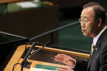 Secretary-General Ban Ki-moon speaks at the opening of the Millennium Development Goals summit on September 20, 2010 in New York City