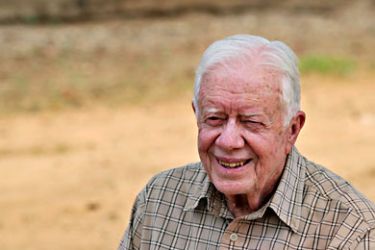 File photograph dated April 13, 2010 shows former US president Jimmy Carter speaking during an interview for a TV crew at a polling station in Juba in southern Sudan