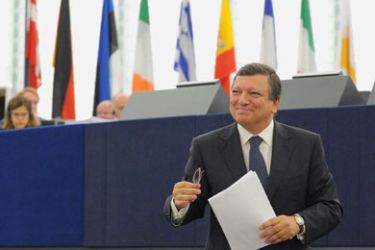 FFL023 - Strasbourg, Bas-Rhin, FRANCE : European Commission President Jose Manuel Barroso delivers his first State of the Union report to the European Parliament, at the European Parliament in Strasbourg, eastern France, on September 07, 2010. In his address Barroso