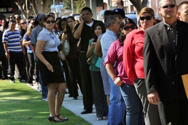 Unemployed Americans line up to enter a job fair on the first day of the Labor Day long weekend in the City of El Monte outside of Los Angeles on September 4, 2010. US unemployment jumped to 9.6 percent in August, the Labor Department said, showing the recovering economy is still struggling to create jobs