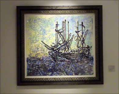 لوحة السفينة 2000 للفنان المصري أحمد مصطفى بألوان زيتية ومائية على ورق خاص (الجزيرة نت)