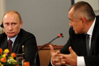 Bulgarian Prime Minister Boyko Borisov(R) welcomes his Russian counterpart Vladimir Putin prior to their meeting in Sofia on November 13, 2010. Bulgaria's state energy holding BEH and