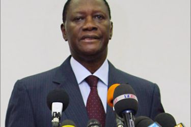 r_Ivory Coast's former prime minister Alassane Ouattara speaks during a news conference at a hotel in Abidjan December 24, 2010.