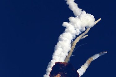 The Indian GSLV (Geosynchronous Satellite Launch Vehicle), carrying the GSAT-5P satellite as payload, is seen moments after exploding during its launch above Sriharikota on December 25, 2010