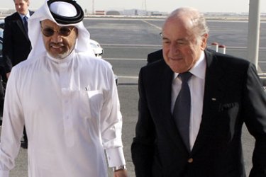 Mohamed Bin Hammam, the president of the Asian Football Confederation (AFC), receives FIFA President Sepp Blatter (R) at Doha airport December 16, 2010. REUTERS/Mohammed Dabbous