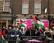 جانب من الاحتجاج أمام مقر شركة أهافا الإسرائيلية وسط لندن (الجزيرة نت)