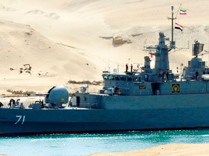 An Iranian naval ship travels through the Suez Canal near Ismailia, some 120 km (75 miles) north of Cairo February 22, 2011. Two Iranian naval ships entered the Suez Canal on Tuesday and were heading toward the Mediterranean, a canal official said, a move certain to anger Israel.