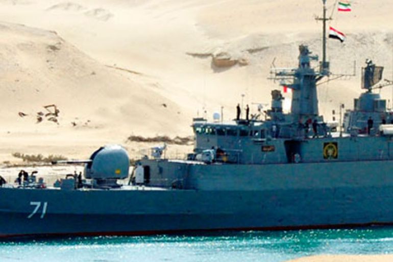 An Iranian naval ship travels through the Suez Canal near Ismailia, some 120 km (75 miles) north of Cairo February 22, 2011. Two Iranian naval ships entered the Suez Canal on Tuesday and were heading toward the Mediterranean, a canal official said, a move certain to anger Israel.