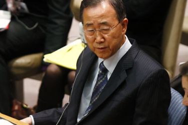 R United Nations Secretary General Ban Ki-moon attends a U.N. Security Council diplomat meeting on Libya after a vote on a resolution at U.N. headquarters in New York February 26, 2011