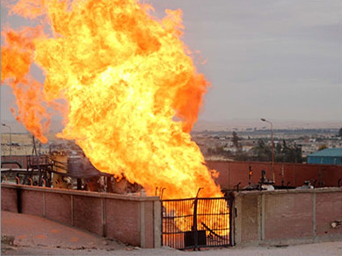 Flames rise from a gas pipeline attack in the northern Sinai on February 5, 2011. Unknown saboteurs attacked an Egyptian pipeline supplying gas to Jordan, forcing authorities to switch off gas supply from a twin pipeline to Israel, an official told AFP. It was initially thought
