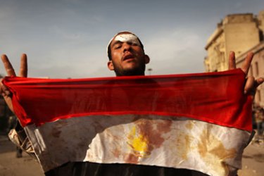 An anti-government protestor holds a blooded Egyptian flag in Tahrir Square on February 3, 2011