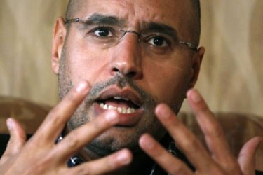 Libyan leader Muammar Gaddafi's most prominent son, Saif al-Islam, speaks during an interview with Reuters in Tripoli March 10, 2011. Libya is preparing full-scale military action to crush a rebellion and will not surrender even if Western powers intervene in the conflict, al-Islam said on Thursday. REUTERS