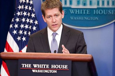 r_Jay Carney, White House Press Secretary, speaks during the daily media briefing at the White House in Washington March 25, 2011
