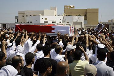 Bahraini Shiite Muslims carry the coffin of Issa Abdali Radhi during his funeral in the town of Sitra outside the capital Manama on March 20, 2010, after he was killed several days ago during the crackdown by security forces on anti-government demonstrators in the capital. His body had been missing since March 15th, and was found in the morgue of Salmaniya hospital in the capital, his brother Jalil told AFP. AFP