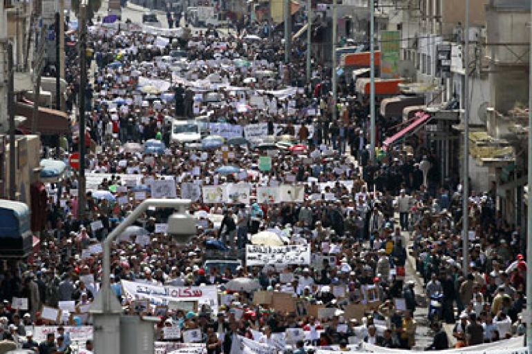 r_People gather for a protest in Casablanca April 24, 2011. Thousands took to the streets of Morocco on Sunday in peaceful demonstrations to demand sweeping reforms and an end to political detention, the third day of mass protests since they began in February.