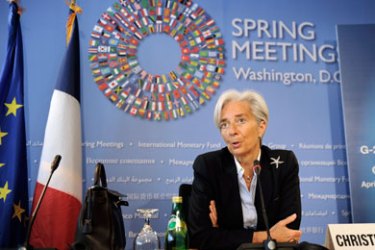 French Finance Minister Christine Lagarde makes remarks during a press briefing as she attends the IMF and World Bank's 2011 Spring Meetings, an annual gathering of the world's finance ministers and bank governors, in Washington April 14, 2011.
