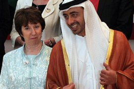 UAE Foreign Minister Sheikh Abdullah bin Zayed al-Nahayan speaks with the High Representative of the European Union for Foreign Affairs and Security Policy Catherine Ashton at the start of the annual GCC-EU joint council and ministerial meeting in Abu Dhabi, on April 20, 2011