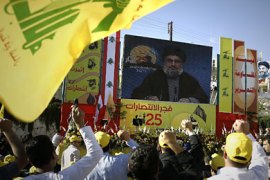 Lebanon's Hezbollah leader Hassan Nasrallah delivers a televised speech as he addresses supporters in the village of Nabi Sheet in the Bekaa Valley on May 25, 2011 during a rally marking the 11th anniversary of Israel's withdrawal from southern Lebanon after 22 years. AFP