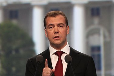 Russian President Dmitry Medvedev speaks at The International Economic Forum in St. Petersburg, on June 17, 2011. Medvedev said on June 17 that Russia should join the WTO this year, snapping at delays in the country's accession to the global trade body.AFP PHOTO/ KIRILL KUDRYAVTSEV