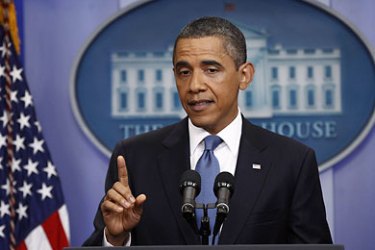 U.S. President Barack Obama makes a point during a news conference on debt negotiations with the U.S. Congress in the briefing room of the White House in Washington, July 11, 2011. Obama pushed congressional