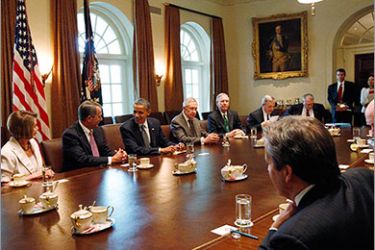U.S. President Barack Obama (3rd L) conducts a meeting with congressional leadership on deficit reduction in the Cabinet Room of the White House in Washington, July 14, 2011. Pictured with Obama are (L-R) House
