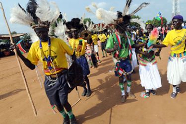 traditional dancers performing during a rally organised by the Sudan People's Liberation Movement (SPLM) in Juba on July 5, 2011 four days before South Sudan officially declares independence from the north. AFP