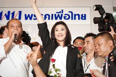 Yingluck Shinawatra, opposition Puea Thai party candidate and sister of fugitive Thai ex-prime minister Thaksin Shinawatra, celebrates her victory at the party headquarter in Bangkok on July 3, 2011. Allies of Thailand's fugitive ex-leader Thaksin Shinawatra stormed to victory in elections, in a remarkable comeback after years of turmoil sparked by his ouster in a military coup.