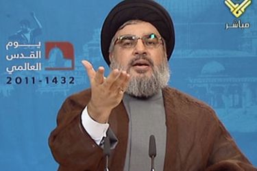 An image grab taken from Lebanon's Hezbollah-run Manar TV shows Hezbollah leader Hassan Nasrallah delivering a televised speech at an undisclosed location in Lebanon on August 26, 2011.