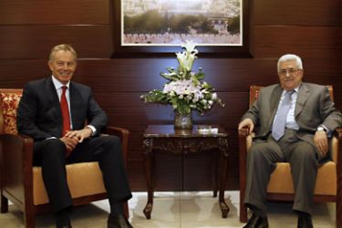 premier and international Mideast envoy Tony Blair (L) meets with Palestinian leader Mahmoud Abbas in the West Bank city of Ramallah on September 6, 2011, as the Palestinian Authority held talks with US and European envoys ahead of a Palestinian bid for UN membership.