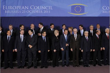 European leaders and EU members pose for a family picture prior to an European Council at the Justus Lipsius building, EU headquarters in Brussels on October