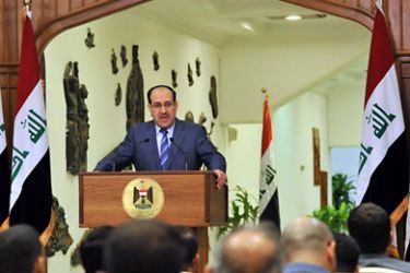 A handout picture released by Iraqi prime mininister office, shows Iraqi prime minister Nuri Al-maliki speaking during a press conferenc in Baghdad, Iraq , 22 October 2011. According to media reports, Iraqi Prime Minister Nuri al-Maliki said on 22 October 2011, that the withdrawal of US troops by the end of 2011 is a historic occasion for the Iraqi people, the