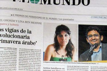 صورة من صحيفة ألموندو الإسبانية تظهر كل من المصري وائل غنيم والتونسية لينا بن مهني
