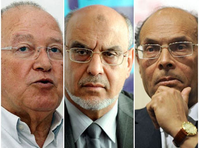 LES) Combo photo shows (from L) Mustapha Ben Jaafar of the Ettakatol party, Hamadi Jebali of the Islamist Ennahda party, and veteran rights activist and opposition politician Moncef Marzouki in Tunis.