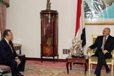 Yemeni President Ali Abdullah Saleh (R) meets with UN envoy to Yemen, Jamal Benomar, in Sanaa on November 15, 2011. Benomar said that a compromise is possible between the regime and the opposition despite outstanding issues between both sides after months of bitter conflict.