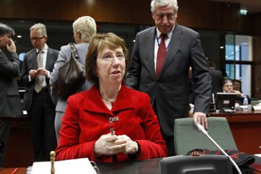 European Union's foreign policy chief Catherine Ashton presides an European Union foreign ministers meeting at the EU Council headquarters in Brussels November 14, 2011.