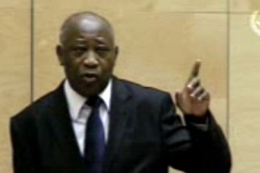 An image grabbed from a video released on December 5, 2011 shows former Ivorian president Laurent Gbagbo appearing before the International Criminal Court on Monday for the first time for his role in the deadly aftermath of presidential polls last year
