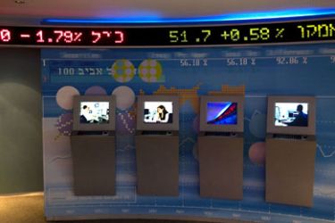 275 - Tel Aviv, -, ISRAEL : Screens are seen at the Tel Aviv Stock Exchange on January 16, 2011. The websites of Israeli national carrier El Al and the Tel Aviv Stock Exchange (TASE) were both offline on Monday morning, hours after they were reportedly threatened by a Saudi hacker. AFP PHOTO/JACK GUEZ