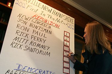Donna Kaye Erwin marks the number of votes for each candidate after votes were counted in the northern town of Dixville Notch, New Hampshire, USA, 10 January 2012. New Hampshire holds the first in the nation primary and Dixville Notch is the first town in the state to cast and tally votes.