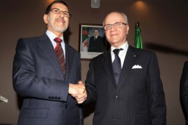 Algeria's Foreign Minister Mourad Medelci (R) shakes hands with Morocco's new Foreign Minister Saad Eddine Othmani (L) during a press conference in Algiers on January 23, 2012. Saad Eddine Othmani began a fence-mending visit to Algeria to resolve disputes such as the neighbours' lingering row over Western Sahara.