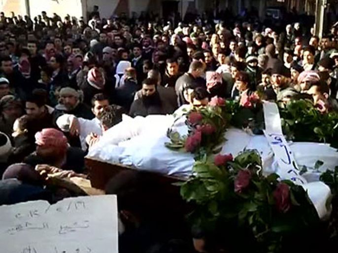 An image grab taken from a video uploaded on YouTube on February 16, 2012 allegedly shows the funeral in Duma, near Damascus, of a "martyr" named Omar Dallul, 55, who according to anti-government rebels died in detention.