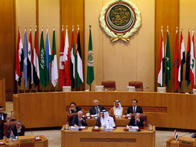 A general view of a meeting held by Arab League foreign ministers to discuss Syria, at their headquarters in Cairo November 2, 2011. Arab foreign ministers arrived at the Arab League's headquarters in Cairo on Wednesday to review Syria's response to their initiative aimed at ending seven months of violence triggered by an uprising against President Bashar al-Assad's rule.