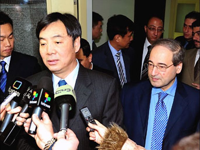 A handout picture released by the Syrian Arab News Agency (SANA) shows Chinese Deputy Foreign Minister Zhai Jun (L) briefing the press after a meeting with his Syrian counterpart Faisal Meqdad (R) in Damascus on February 17, 2012. The Chinese envoy began a two-day visit to Syria in a new push for peace, as thousands of Syrians rallied for Bashar al-Assad's ouster despite his regime's brutal crackdown to crush dissent.