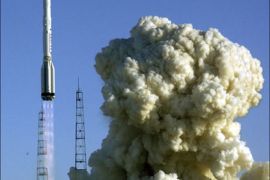 afp : A Russian Proton K cargo rocket leaves its launching pad on February 28, 2009 at Kazakh Russian leased Baikonur cosmodrome, with a military satelite on board. AFP