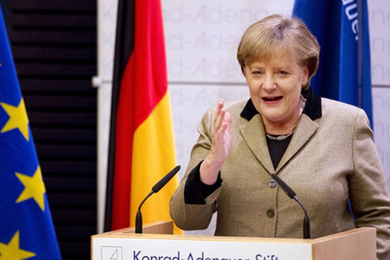 German Chancellor Angela Merkel delivers a speech during a celebration to mark 10-years of the Euro at the conservative Konrad Adenauer foundation in Berlin on January 23, 2012.